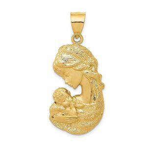 14k Yellow Gold Large Mother Holding Child Pendant, 17 x 36mm